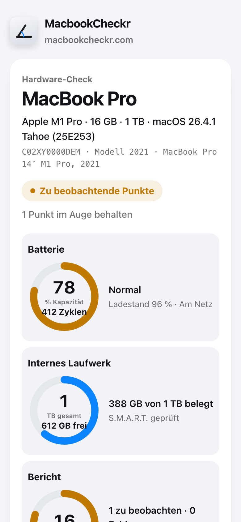 Ein MacBook-Pro-Bericht auf einem Telefon: Ringe für Akku, Speicher und Prüfungen, dann die zu beobachtenden Punkte.