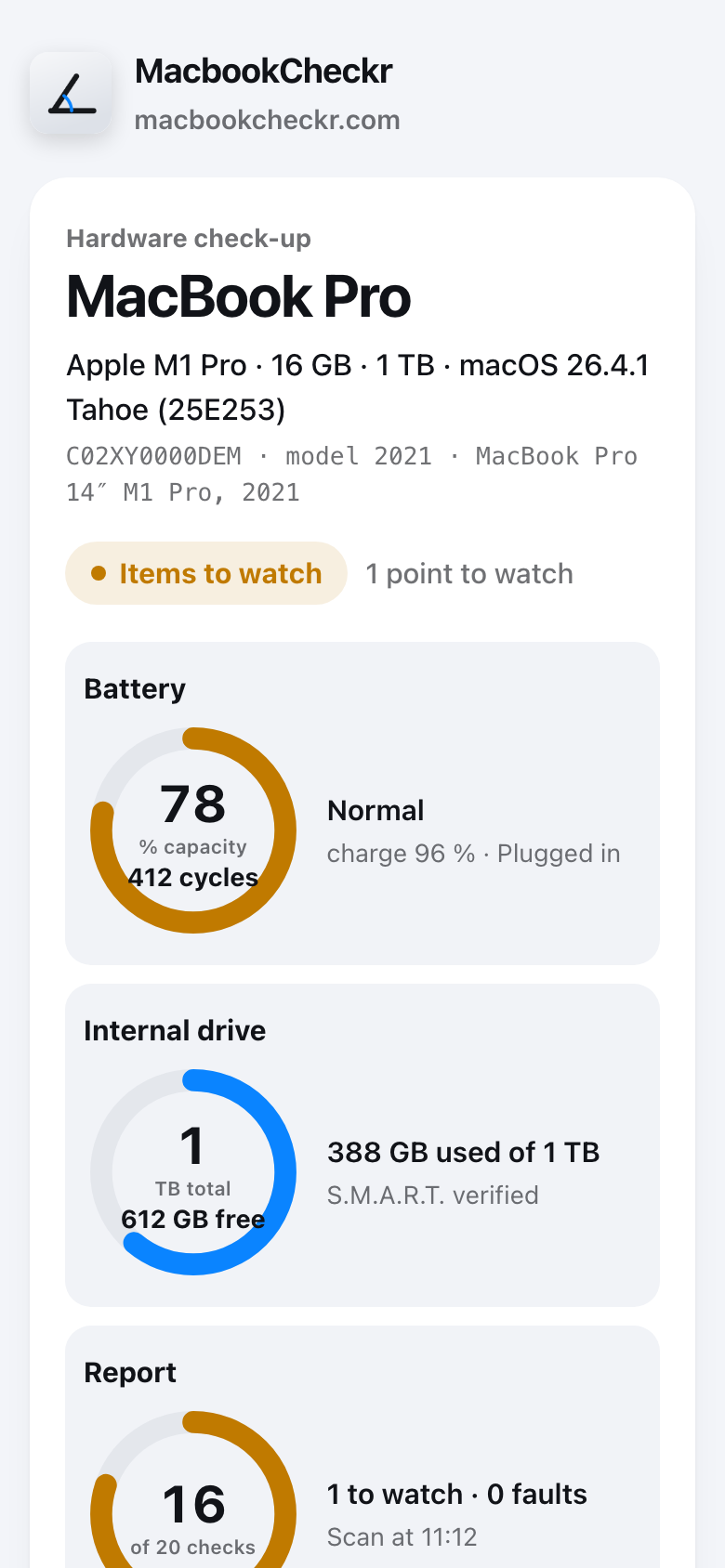 A MacBook Pro report on a phone: battery, storage and checks rings, then the points to watch.
