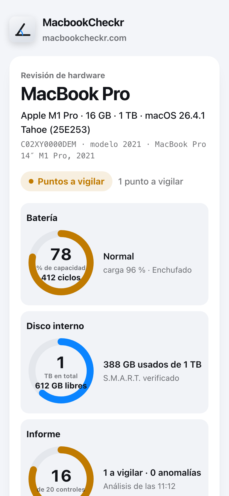El informe de un MacBook Pro en un teléfono: anillos de batería, almacenamiento y comprobaciones, y luego los puntos a vigilar.