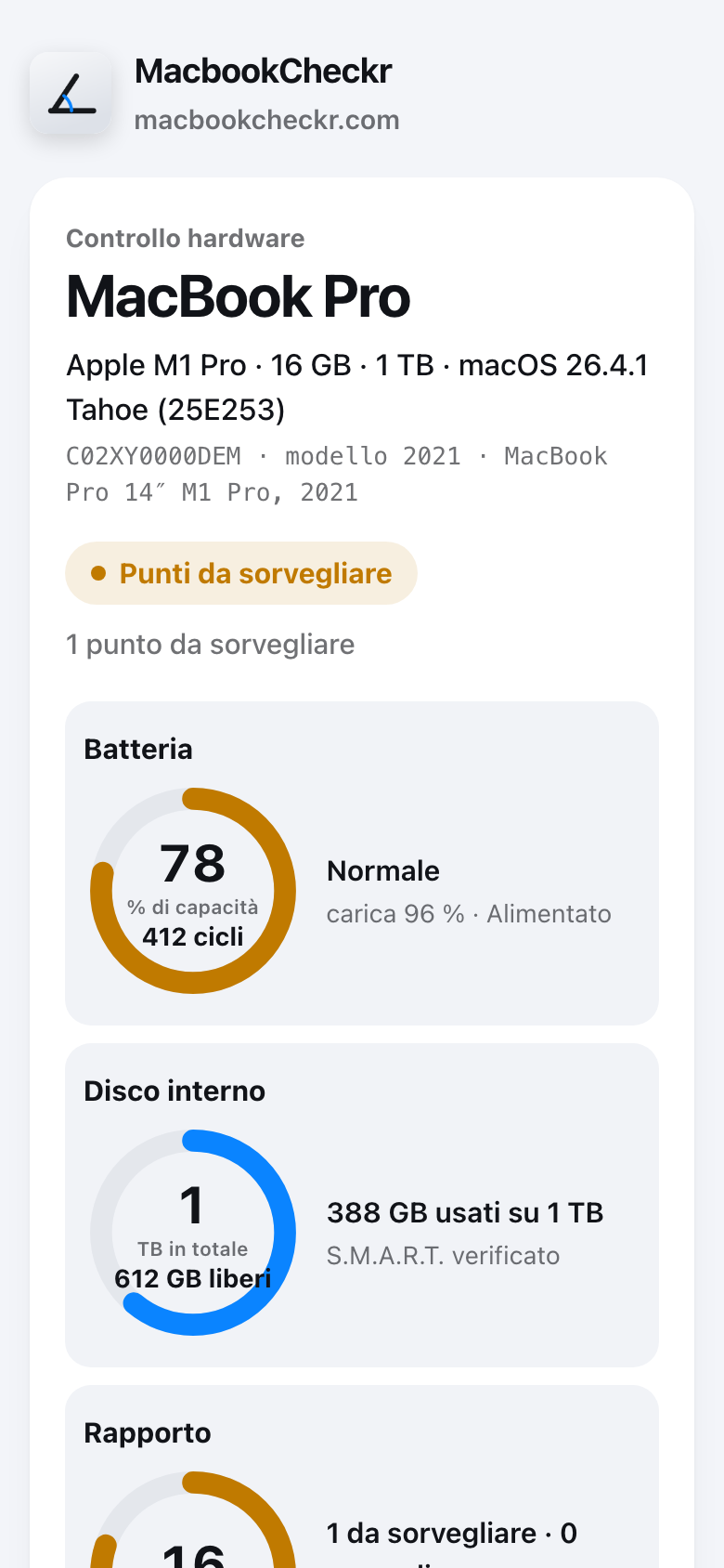 Il rapporto di un MacBook Pro su un telefono: anelli di batteria, archiviazione e controlli, poi i punti da tenere d'occhio.